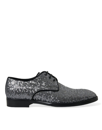 Dolce & Gabbana Silberne paillettenbesetzte Schnürschuhe für Männer Derby Dress Schuhe