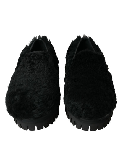 Dolce & Gabbana Schwarz Pelz Leder Hausschuhe Kleid Schuhe