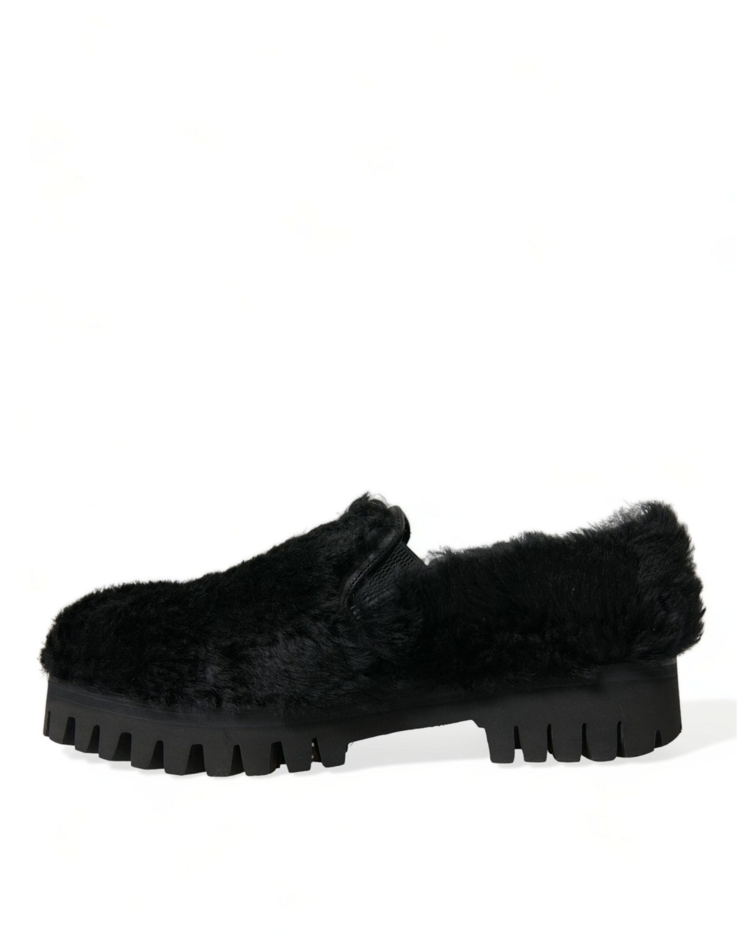 Dolce & Gabbana Schwarz Pelz Leder Hausschuhe Kleid Schuhe