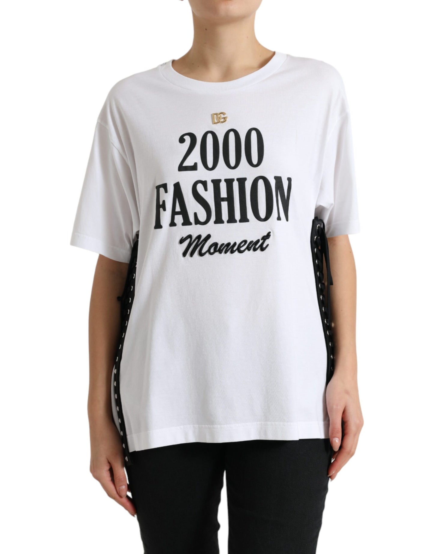 Dolce & Gabbana Weißes T-Shirt mit Slogandruck und Schnürung