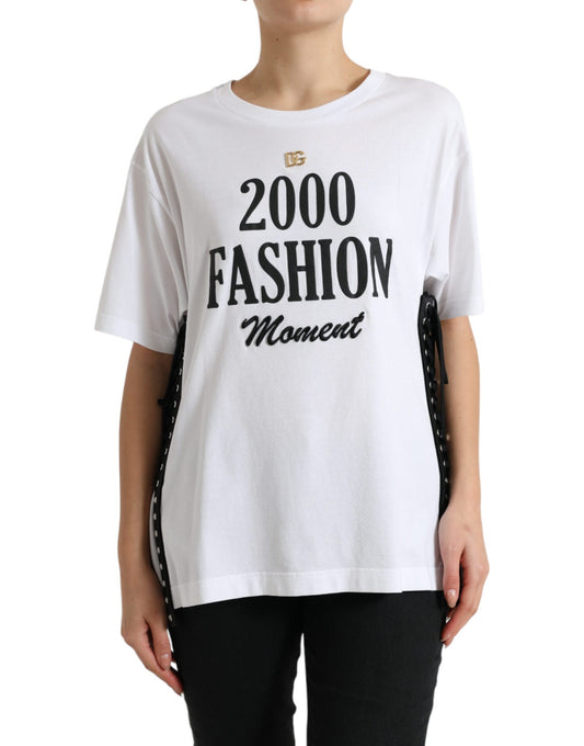 Dolce & Gabbana Weißes T-Shirt mit Slogandruck und Schnürung