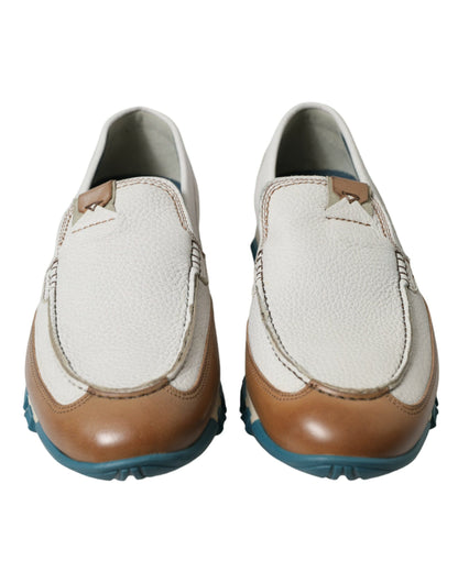 Dolce & Gabbana Weiß Braun Leder Slip On Männer Mokassin Schuhe