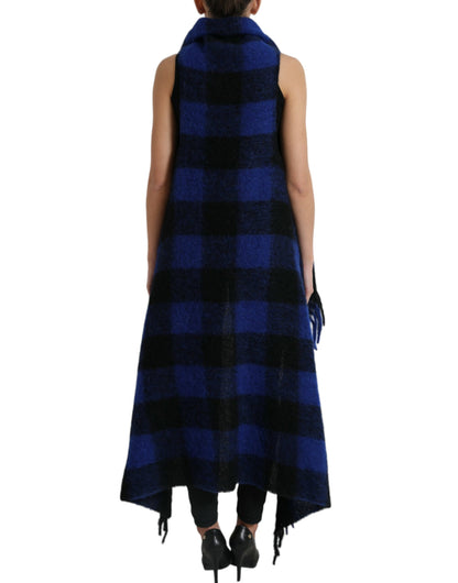 Dolce & Gabbana Schwarz Blau Büffelkaro Poncho Mantel Pullover