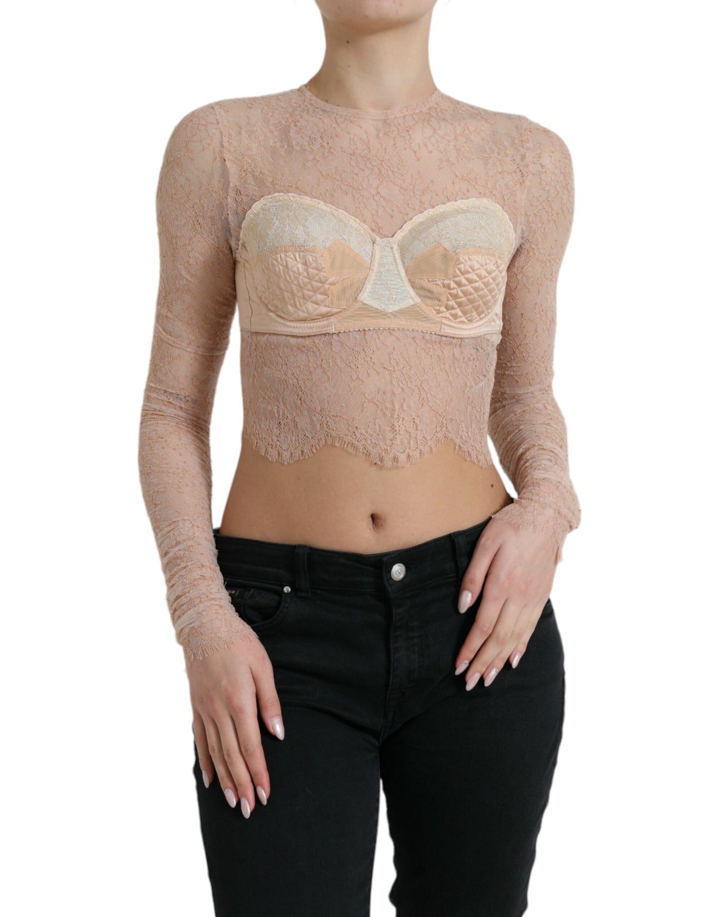 Dolce & Gabbana Beigefarbenes Nylon Bustier mit floraler Spitze und Cropped Top