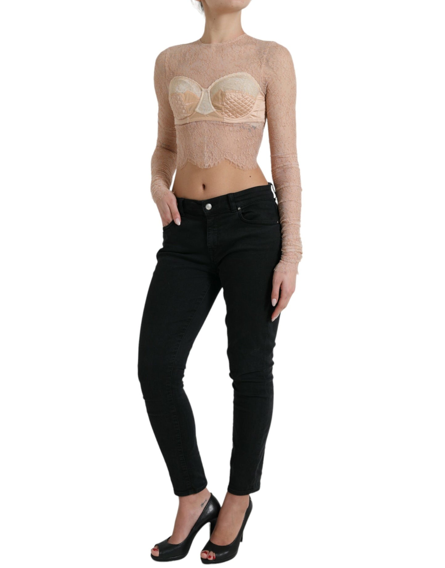 Dolce & Gabbana Beigefarbenes Nylon Bustier mit floraler Spitze und Cropped Top