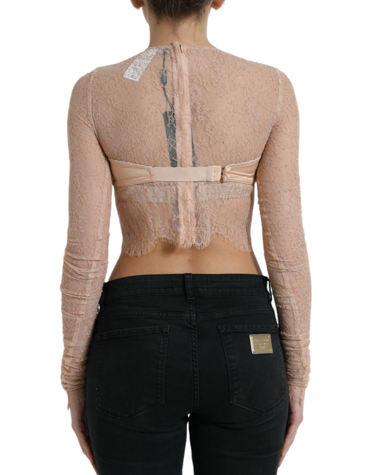 Dolce & Gabbana Beigefarbenes Nylon Bustier mit floraler Spitze und Cropped Top