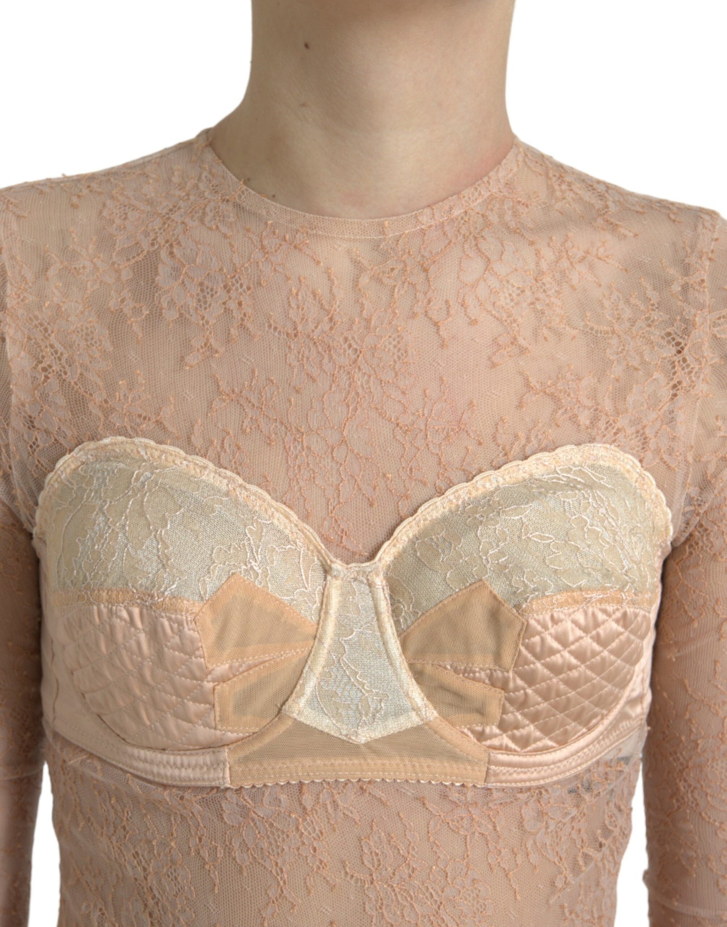 Dolce & Gabbana Beigefarbenes Nylon Bustier mit floraler Spitze und Cropped Top