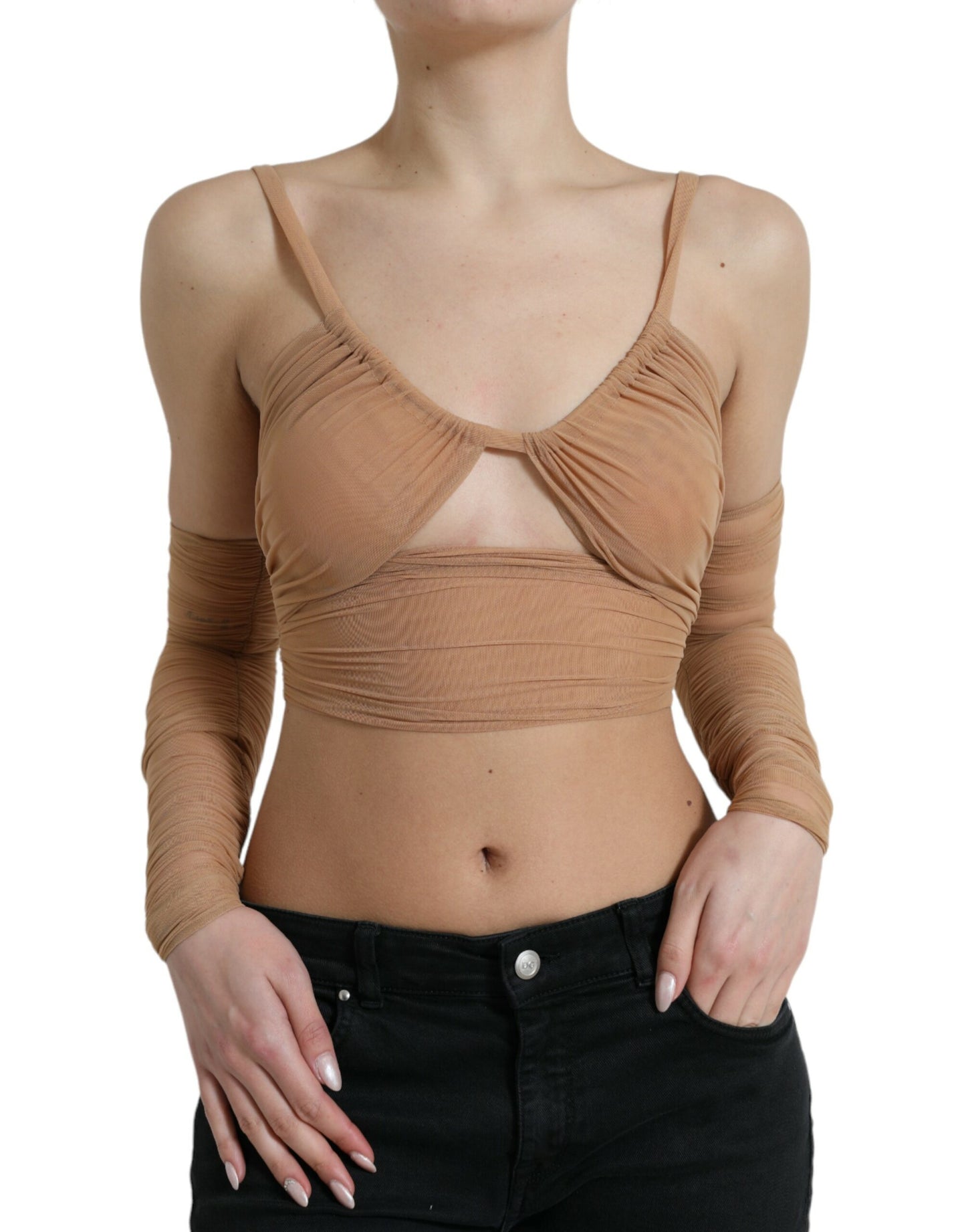 Dolce & Gabbana Braunes Nylon-Stretch-Top mit offener Schulterpartie