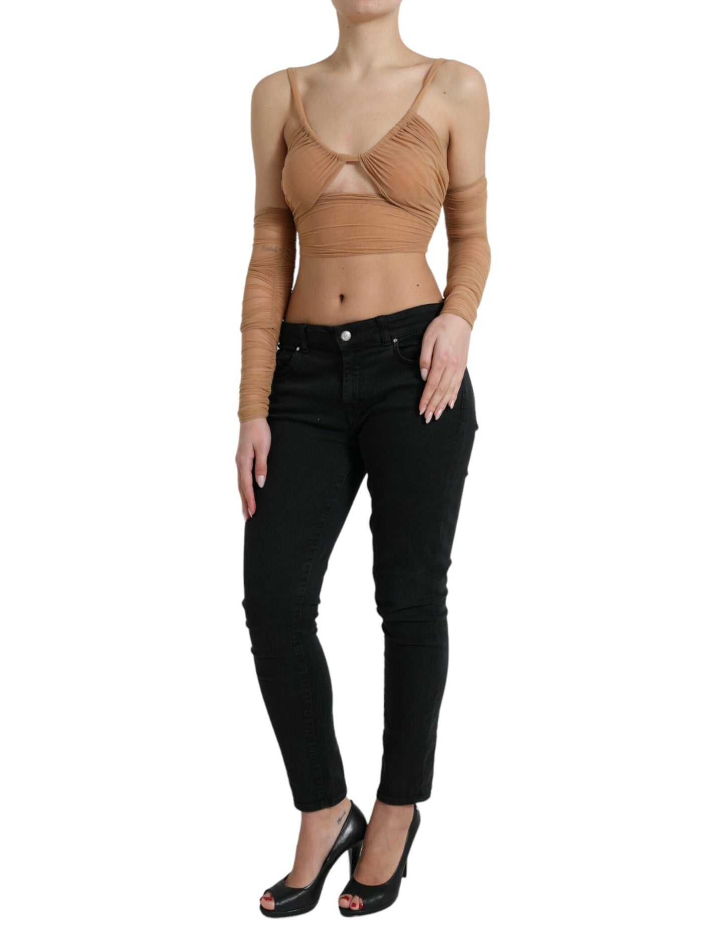 Dolce & Gabbana Braunes Nylon-Stretch-Top mit offener Schulterpartie
