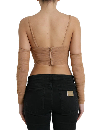 Dolce & Gabbana Braunes Nylon-Stretch-Top mit offener Schulterpartie