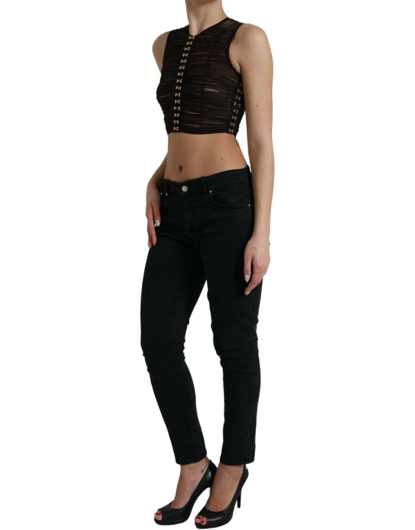 Dolce & Gabbana Braunes verschönertes Nylon Stretch Cropped Top