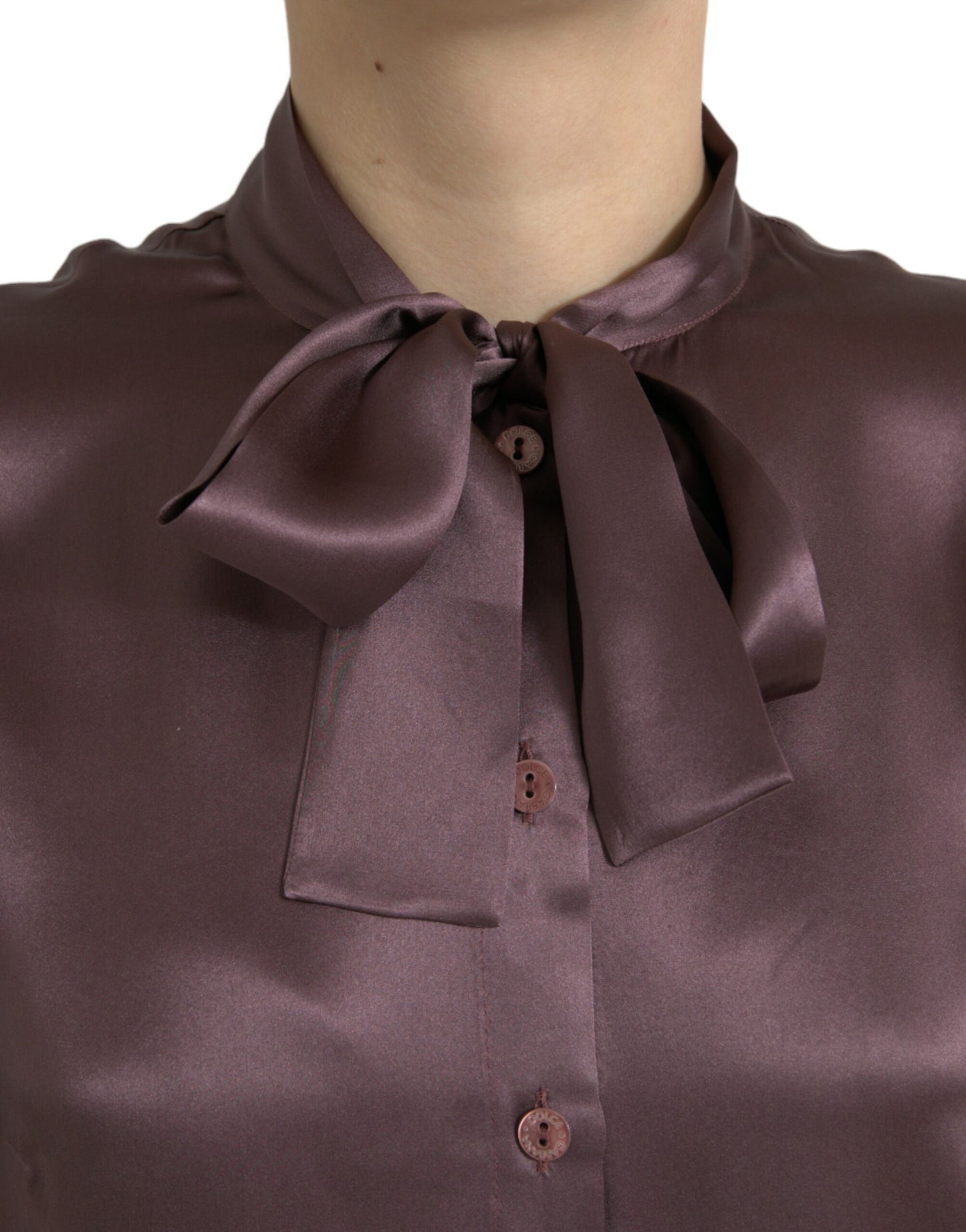 Dolce & Gabbana Braunes Seiden-Ascot-Kragen Langarm-Blusenoberteil