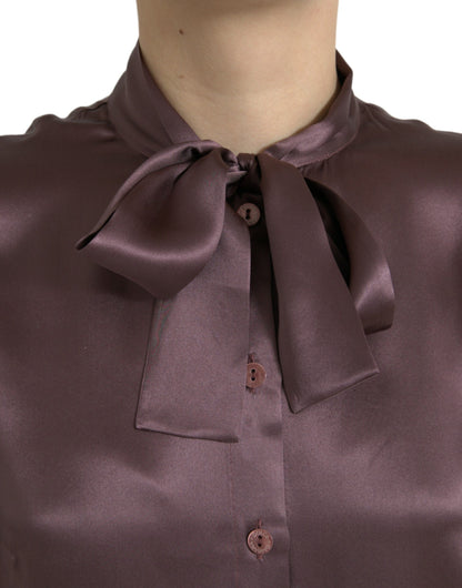 Dolce & Gabbana Braunes Seiden-Ascot-Kragen Langarm-Blusenoberteil