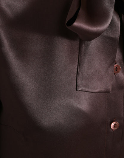 Dolce & Gabbana Braunes Seiden-Ascot-Kragen Langarm-Blusenoberteil