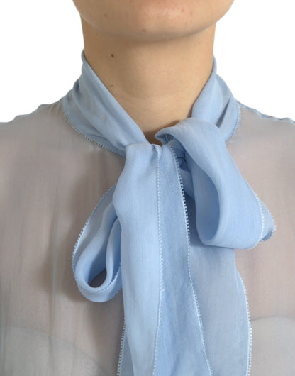 Dolce & Gabbana Blaues langärmeliges Blusentop mit Ascot-Kragen