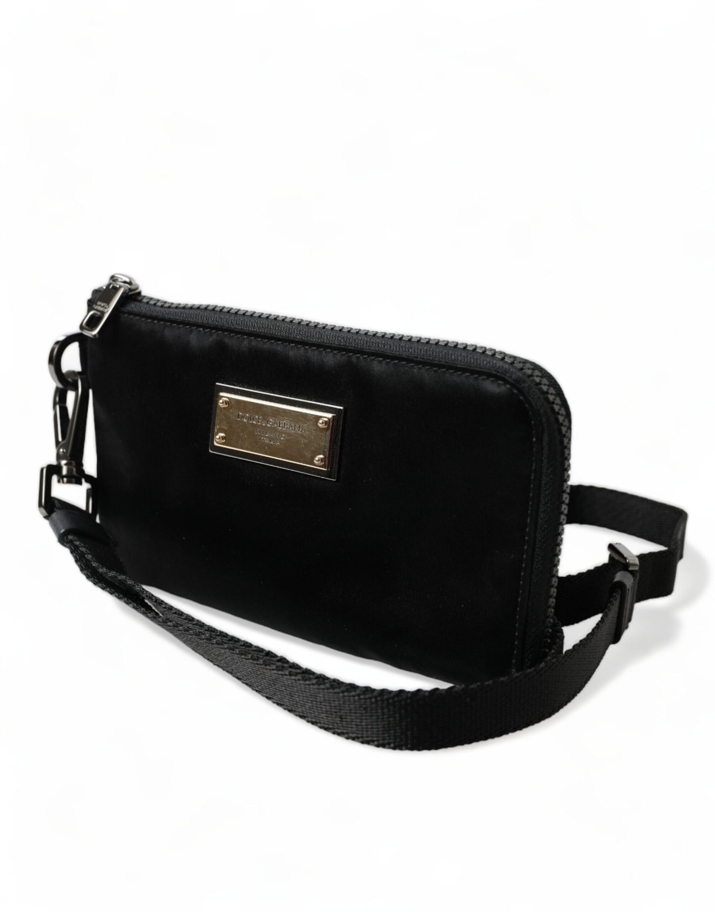 Dolce & Gabbana Schwarzes Nylon Logo Plaque Schlüsselanhänger Tasche Clutch