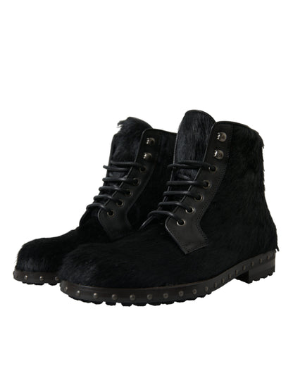 Dolce & Gabbana Schwarze Pony Style Leder Mid Calf Stiefel Schuhe
