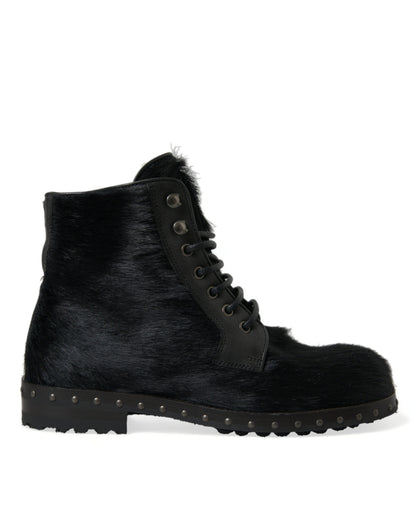 Dolce & Gabbana Schwarze Pony Style Leder Mid Calf Stiefel Schuhe