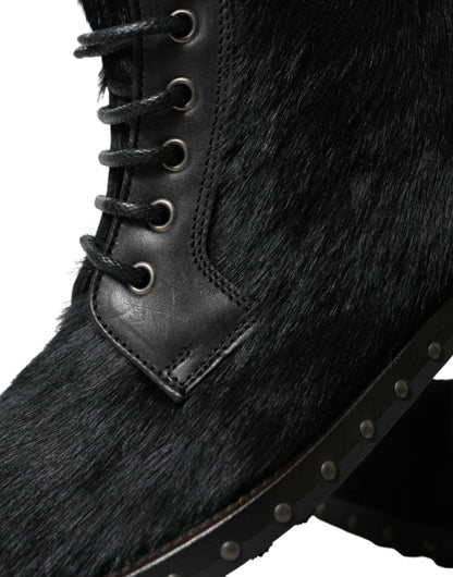 Dolce & Gabbana Schwarze Pony Style Leder Mid Calf Stiefel Schuhe
