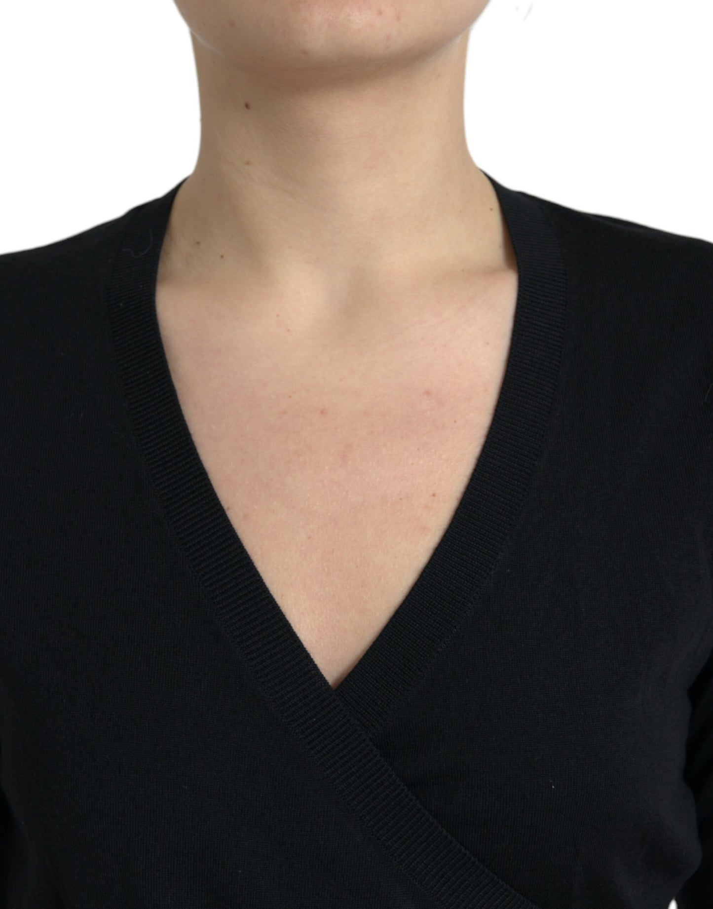 Dolce & Gabbana Schwarzer Wollpullover mit V-Ausschnitt und gekreuztem Kragen