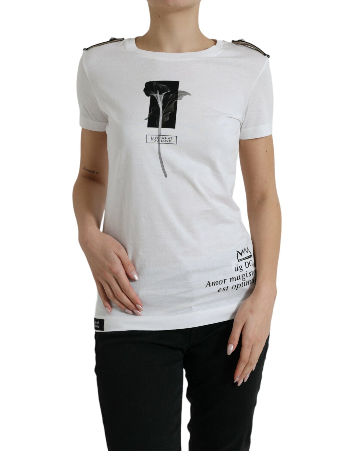 Dolce & Gabbana Weiß Schwarz Rosen Baumwoll-T-Shirt mit Rundhalsausschnitt