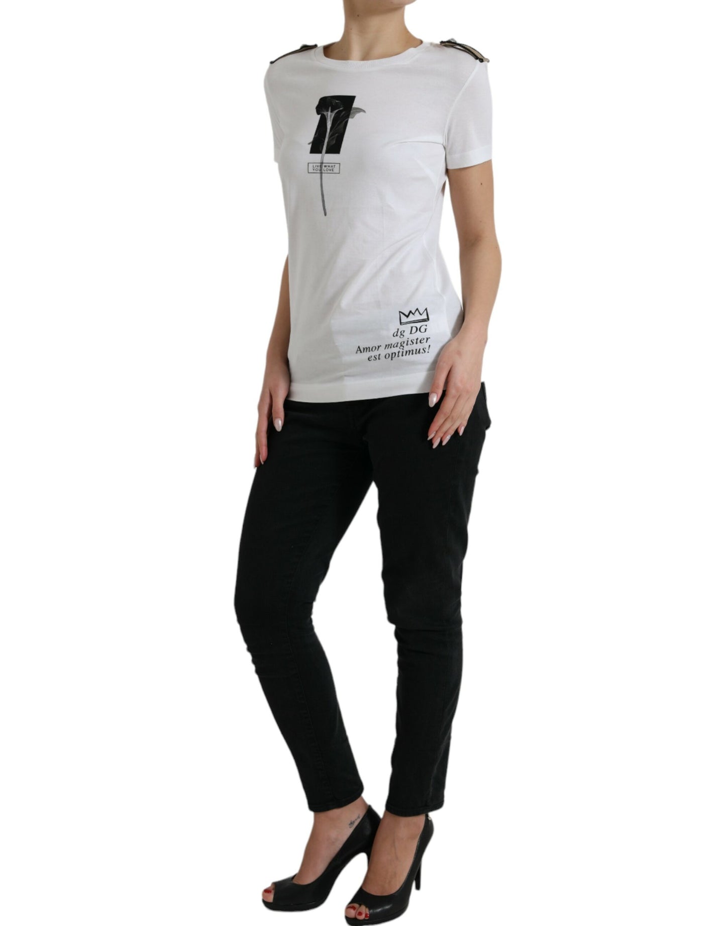 Dolce & Gabbana Weiß Schwarz Rosen Baumwoll-T-Shirt mit Rundhalsausschnitt