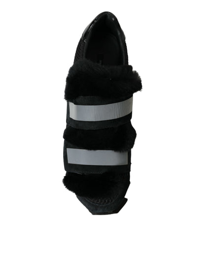Dolce & Gabbana Schwarz Pelz verschönert Wildleder Sneakers Schuhe