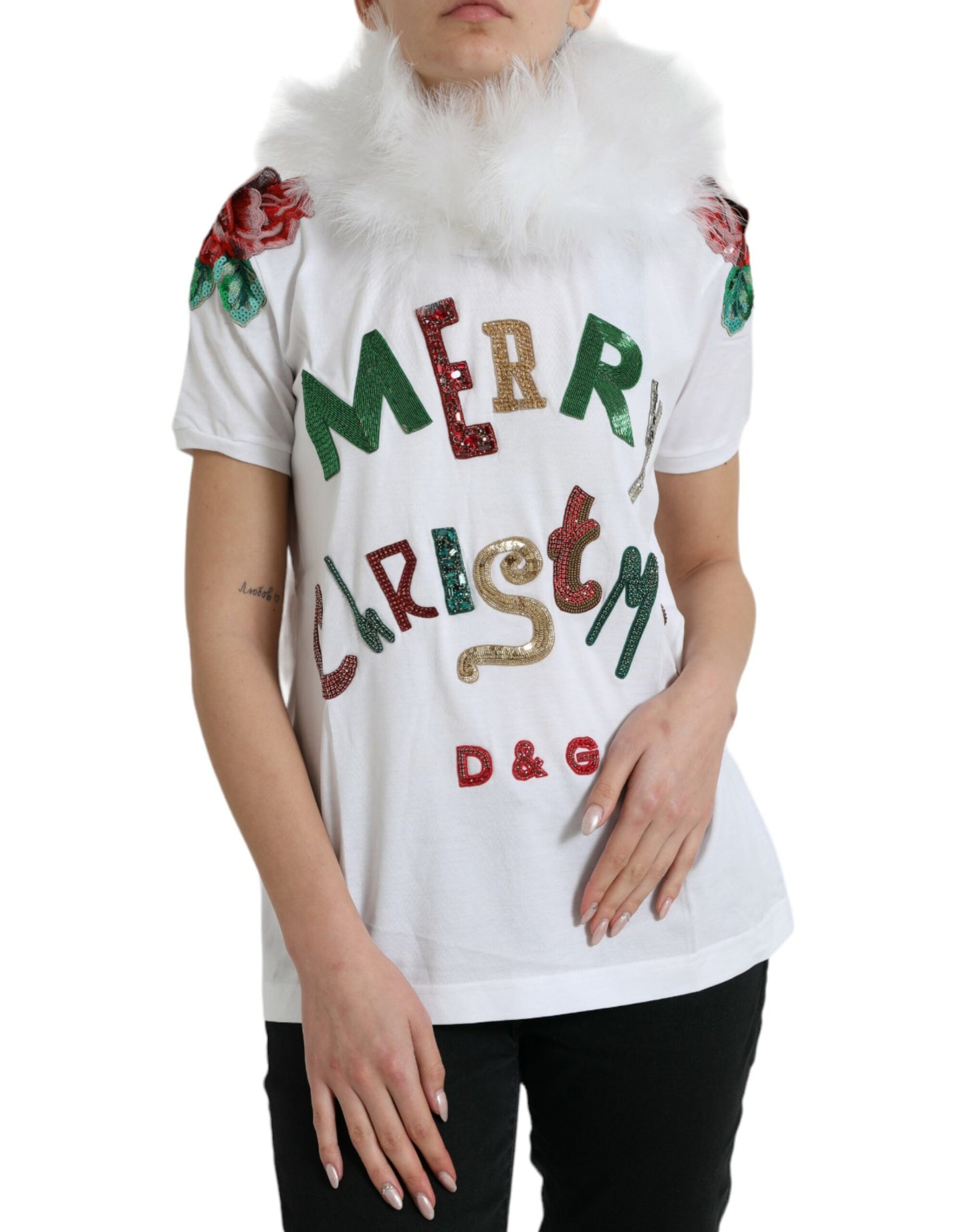 Dolce & Gabbana Weißes Baumwoll-Weihnachts-T-Shirt mit Paillettenpelz