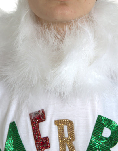 Dolce & Gabbana Weißes Baumwoll-Weihnachts-T-Shirt mit Paillettenpelz