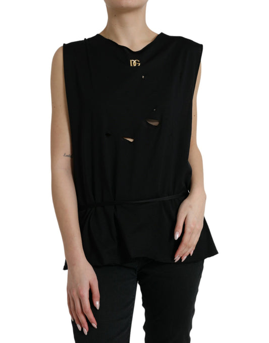 Dolce & Gabbana Schwarzes Baumwoll-Spitzen-Logo-Rundhals-Top