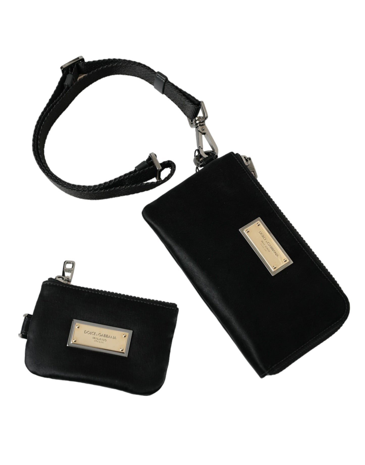 Dolce & Gabbana Schwarzes Nylon Logo Plaque Schlüsselanhänger Tasche Clutch