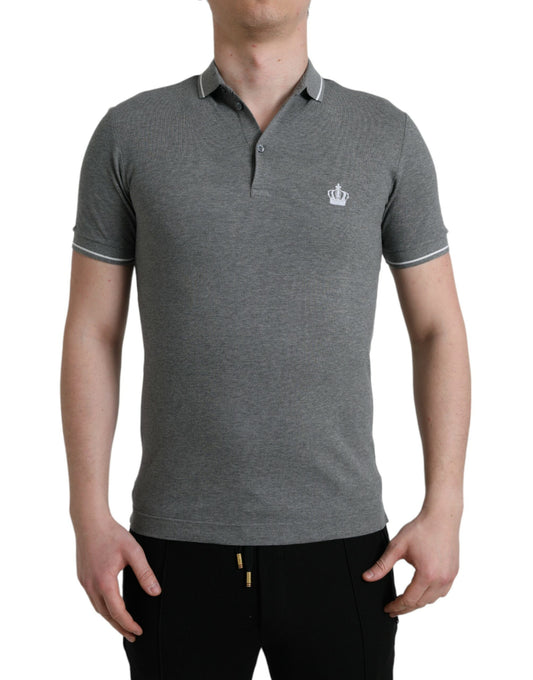 Dolce & Gabbana Graues Kurzarm-T-Shirt mit Kragen und Krone