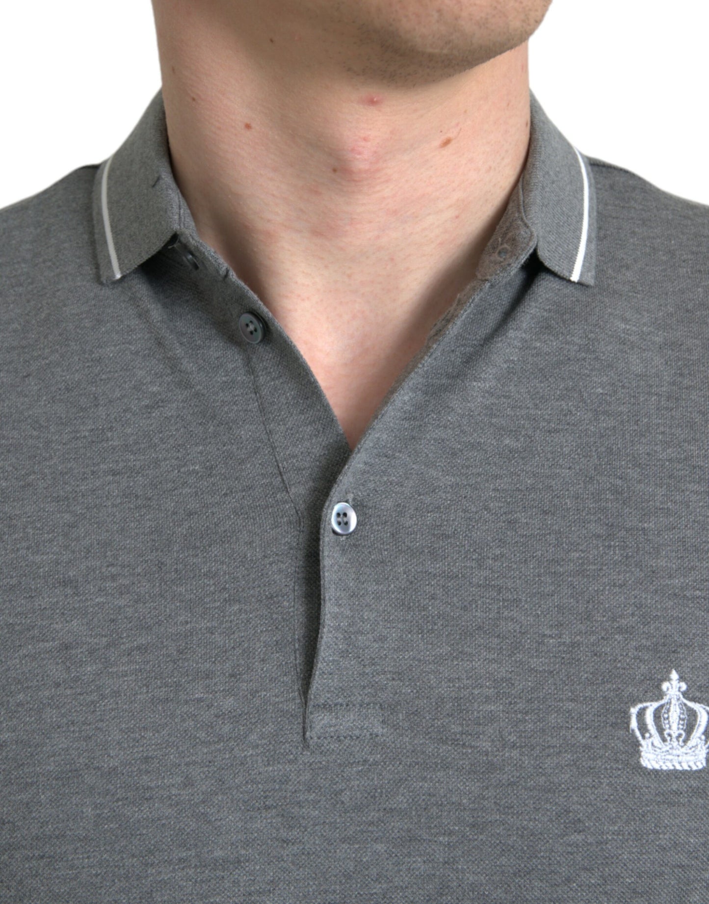 Dolce & Gabbana Graues Kurzarm-T-Shirt mit Kragen und Krone