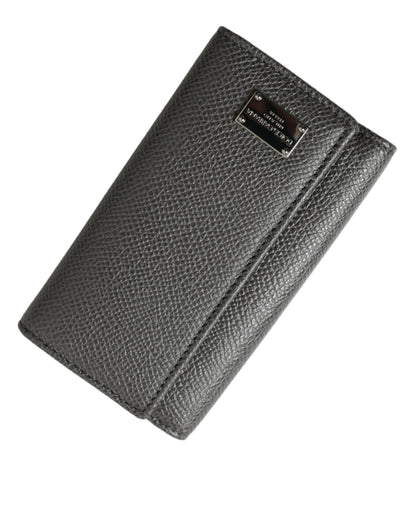 Dolce & Gabbana Graues Leder Silber Metall Logo Plaque Trifold Schlüsselanhänger