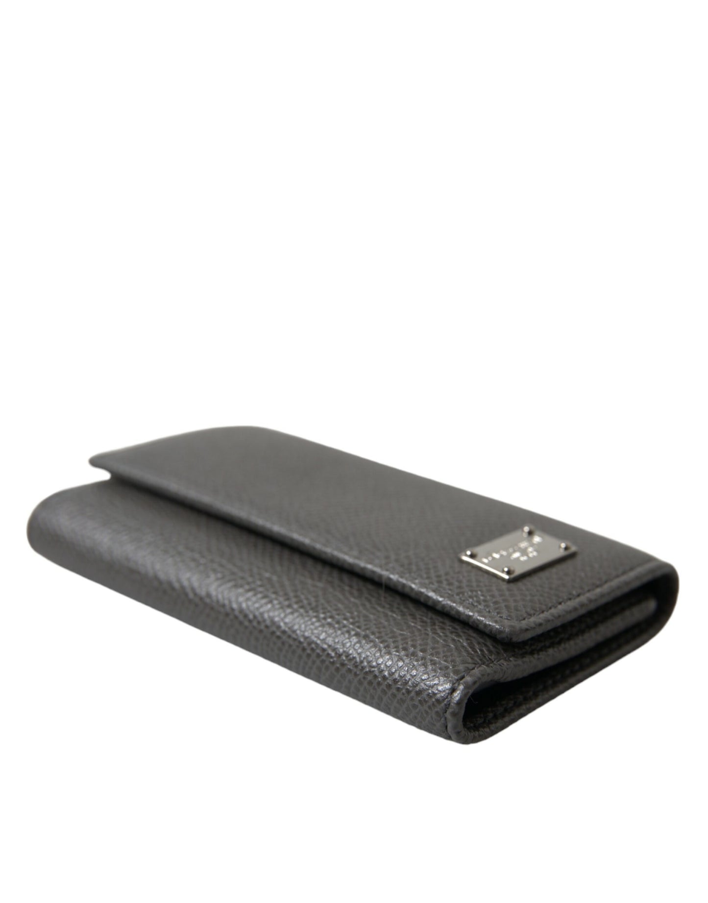 Dolce & Gabbana Graues Leder Silber Metall Logo Plaque Trifold Schlüsselanhänger