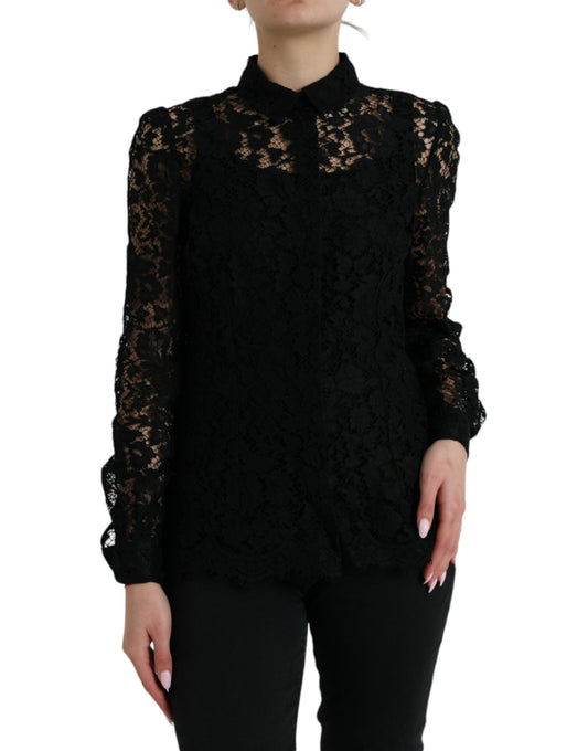 Dolce & Gabbana Schwarzes Blusentop mit floraler Spitze und langen Ärmeln