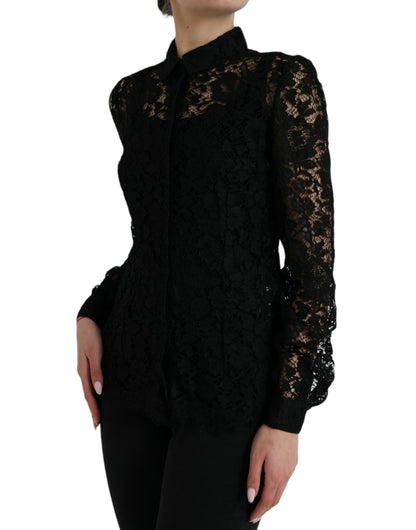 Dolce & Gabbana Schwarzes Blusentop mit floraler Spitze und langen Ärmeln