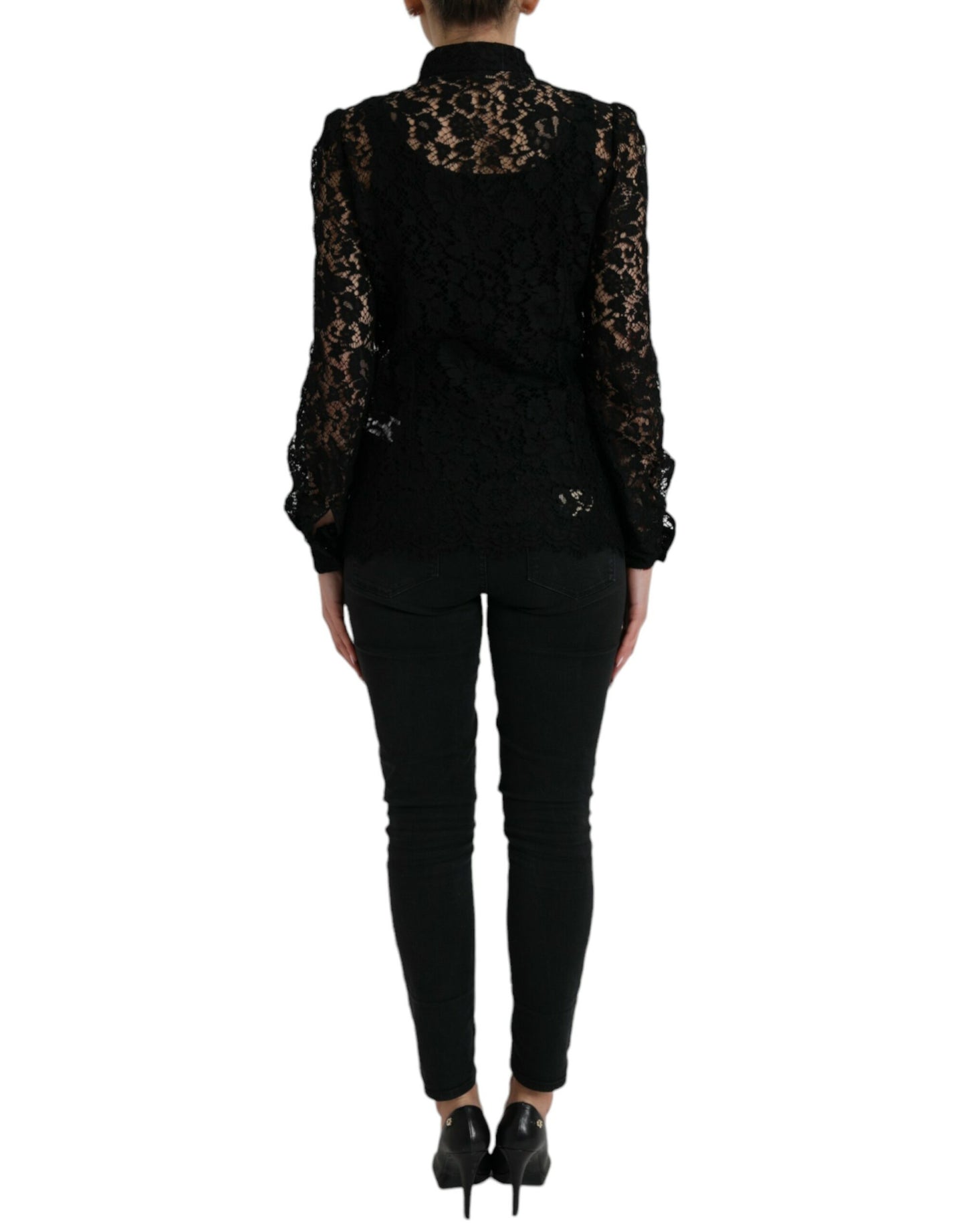 Dolce & Gabbana Schwarzes Blusentop mit floraler Spitze und langen Ärmeln