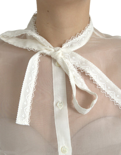 Dolce & Gabbana Weißes Seidenoberteil mit langen Ärmeln und Ascot-Kragen