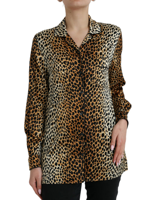 Dolce & Gabbana Braunes Leopardendruck Blusenoberteil mit langen Ärmeln