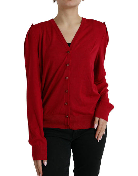 Dolce & Gabbana Roter Wollpullover mit V-Ausschnitt und Knopfleiste