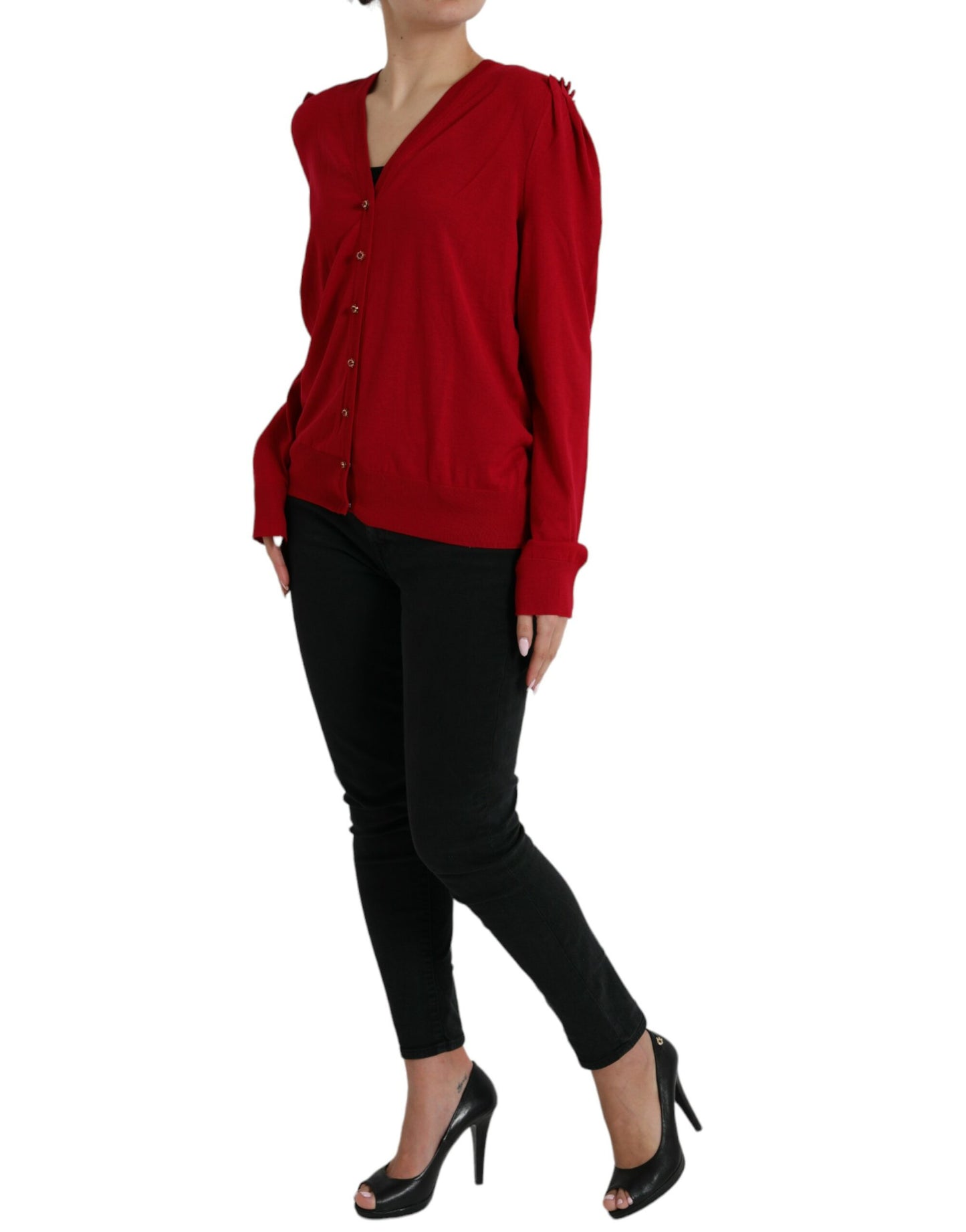 Dolce & Gabbana Roter Wollpullover mit V-Ausschnitt und Knopfleiste