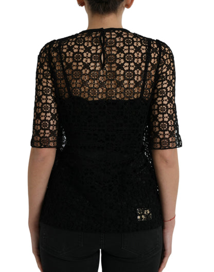 Dolce & Gabbana Schwarzes Blusentop mit floraler Spitze und kurzen Ärmeln