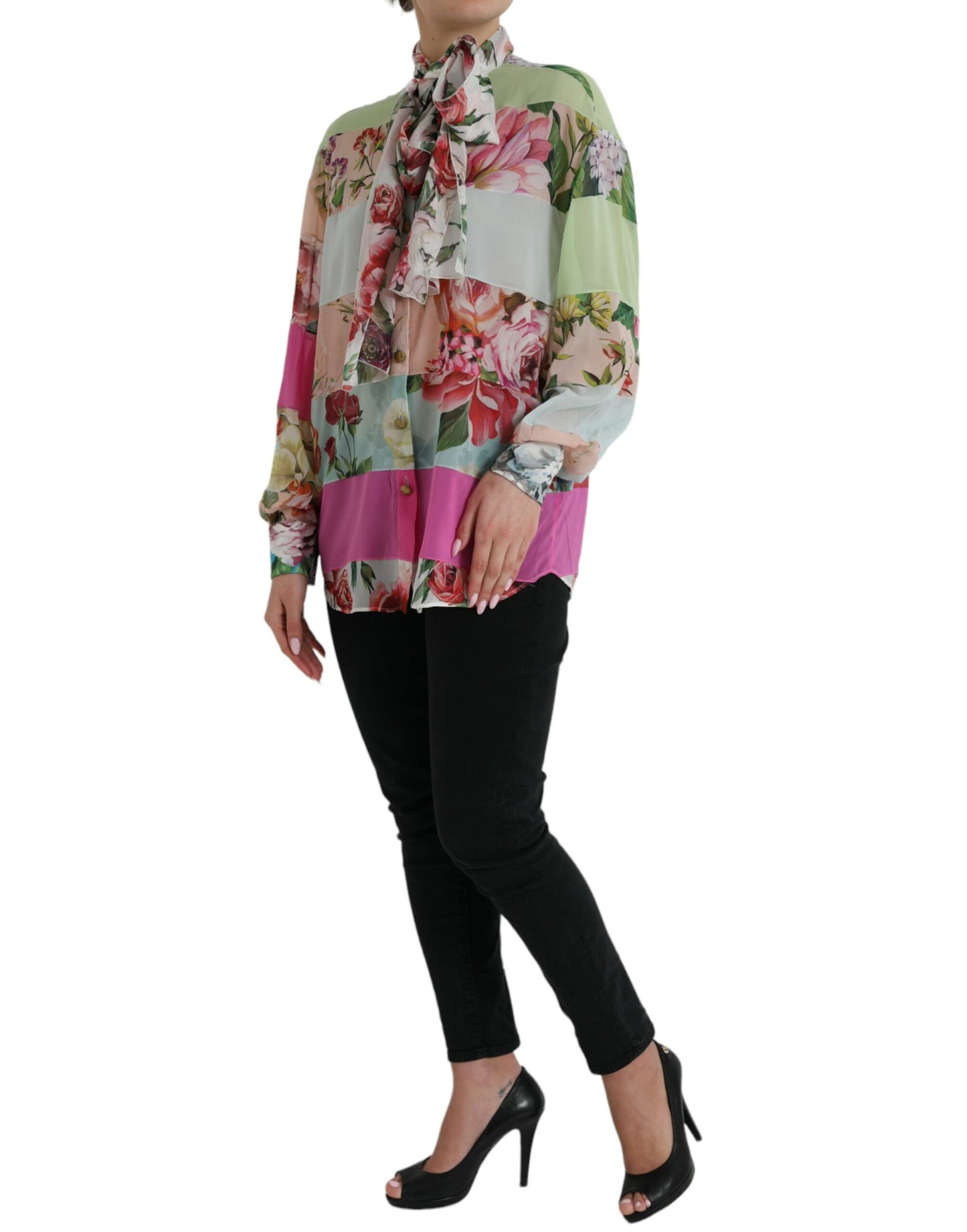 Dolce & Gabbana Multicolor Floral Patchwork Ascot Kragen Top