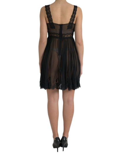 Dolce & Gabbana Schwarzes Minikleid aus Seide mit plissierter Spitze und Chiffon