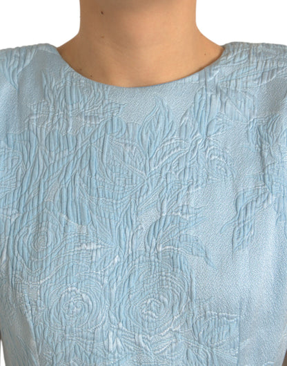 Dolce & Gabbana Hellblaues geblümtes Jacquard-Minikleid mit Puffärmeln