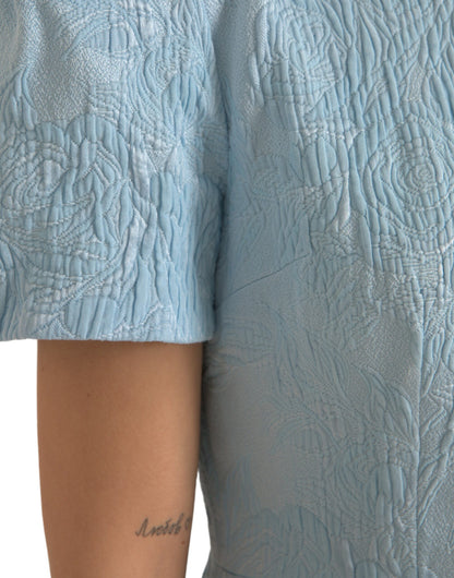 Dolce & Gabbana Hellblaues geblümtes Jacquard-Minikleid mit Puffärmeln