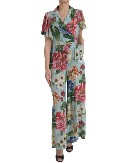 Dolce & Gabbana Blauer geblümter Wickel-Overall mit weitem Bein