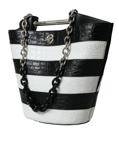 Balenciaga Schwarz-weiß gestreifte Exotenhaut Leder Maxi Bucket Tote Bag