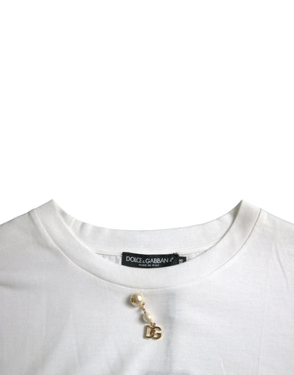 Dolce &amp; Gabbana White cotton crew neck T-shirt with embellishments